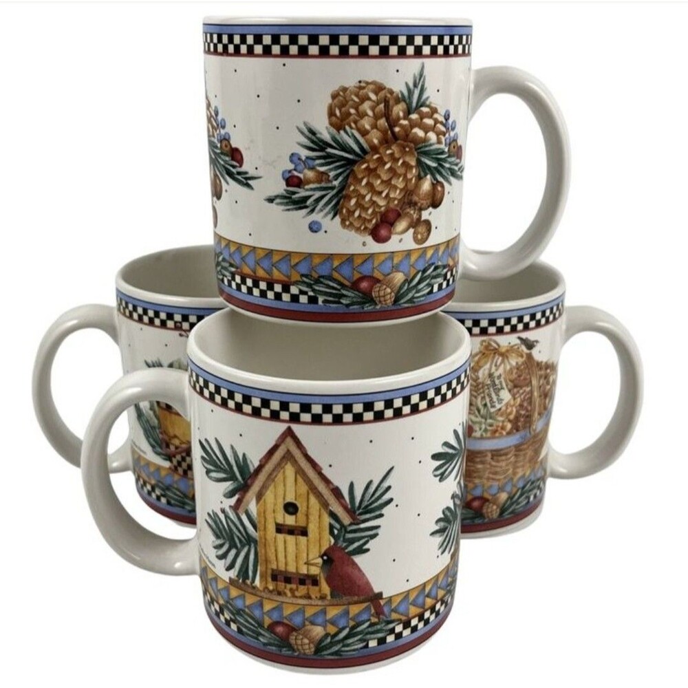 Debbie Mumm Sakura Pine Cone Mugs Set Of 4 Birdhouse Basket Coffee Tea Cup 12 Oz